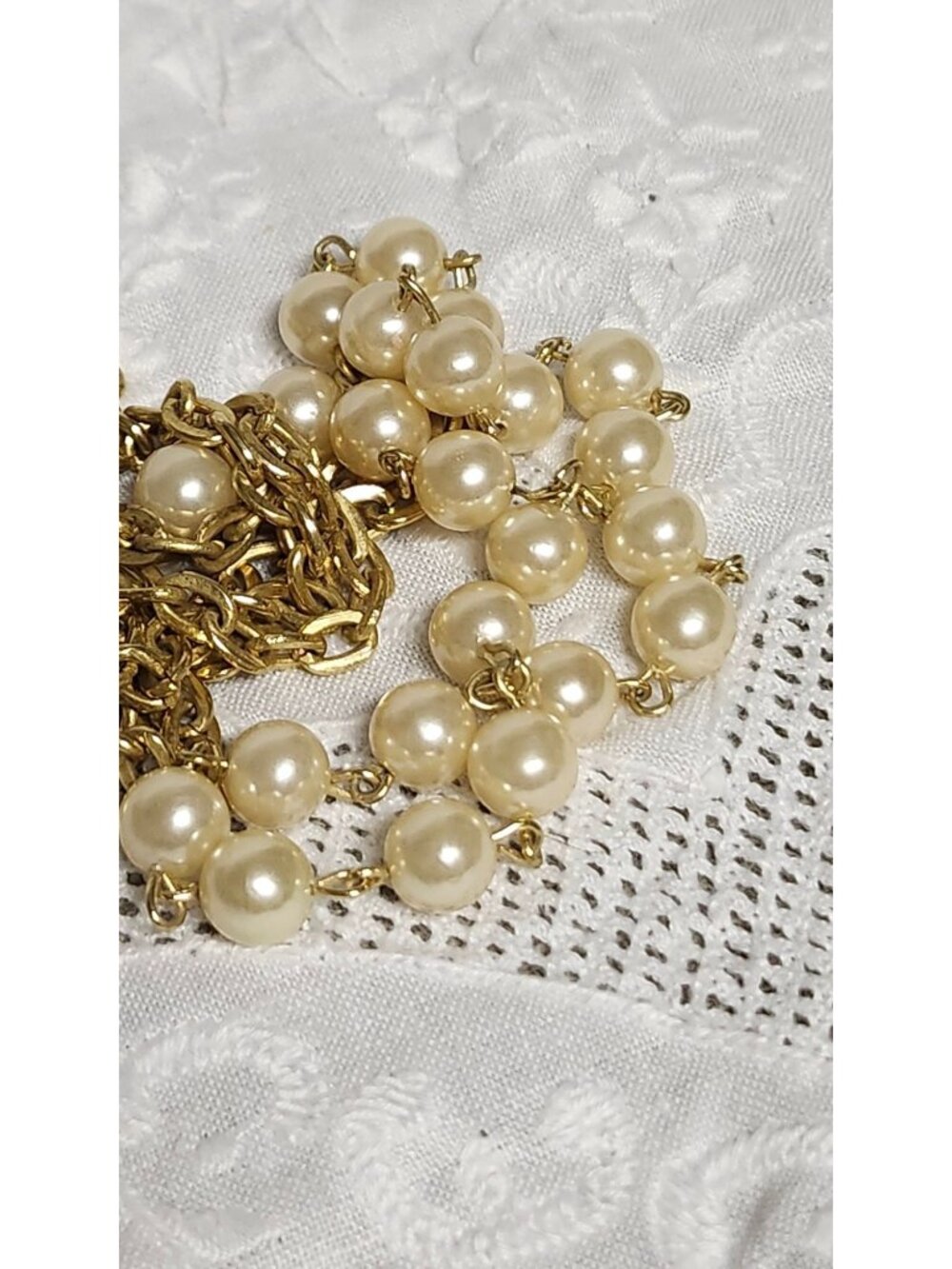 Vintage Gold-Tone Double Chain Necklace With Faux Pearls & Spring Ring Clasp - Picture 6 of 6